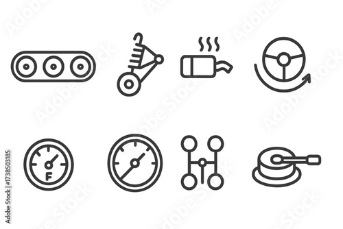 Armored Vehicle Icon Set. Outline icon set of armored vehicle mobility: tracked wheels, suspension arm, engine exhaust, steering mechanism, fuel gauge,