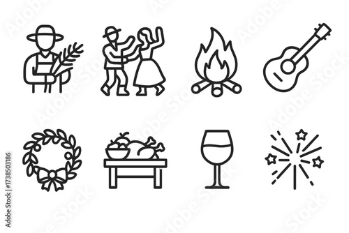 Peasant Festival Icons. Outline icon set of peasant celebrations: harvest festival, dancing couple, bonfire, musical instrument, wreath, feast table, wine