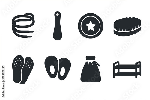 Shoe Accessories Icons. Solid, filled icon set of shoe accessories: shoelace, shoehorn, shoe polish, shoe brush, insoles, heel pads, shoe bag, shoe rack.