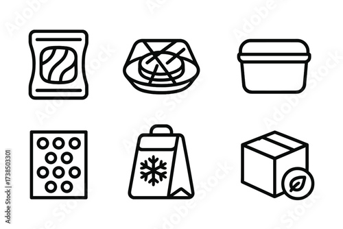 Food Packaging Icons. Outline icon set of protective layers in food packaging: vacuum seal, plastic wrap, foil cover, airtight container, bubble