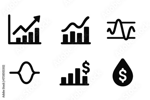Stock Market Icons. Solid, filled icon set of stock market indicators: price index, volume chart, moving average, RSI, MACD, Bollinger bands, market cap,