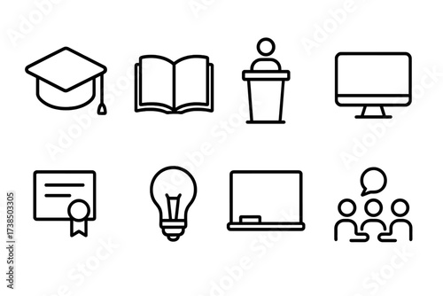 Educational Icons Set. Outline icon set of foundation education and training: graduation cap, book, lecture podium, computer, certificate, light