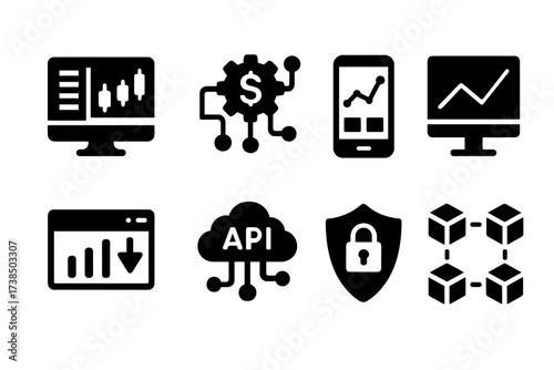 Stock Market Icons. Solid, filled icon set of stock market technology: trading platform, algorithmic trading, mobile app, charting software, data feed, API,