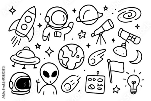 Space Doodle Icons. Hand-drawn doodle illustration space explore rocket, astronaut, planet, stars, telescope, satellite, moon, galaxy, UFO, space helmet,