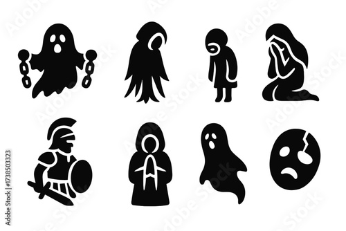 Forgotten Spirits Icons. Solid, filled icon set of forgotten spirits: chained ghost, forest mourner, lost child, weeping woman, ancient soldier, silent monk,