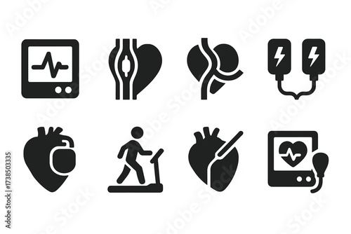 Heartbeat Medical Icons. Solid, filled icon set of heartbeat medical procedures: ECG test, angioplasty, bypass surgery, defibrillation, pacemaker implantation,