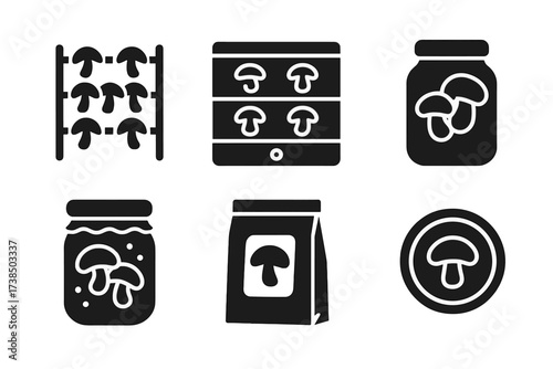 Mushroom Preservation Icons. Solid, filled icon set of mushroom preservation methods: drying rack, dehydrator, mason jar, pickling jar, vacuum seal bag, paper