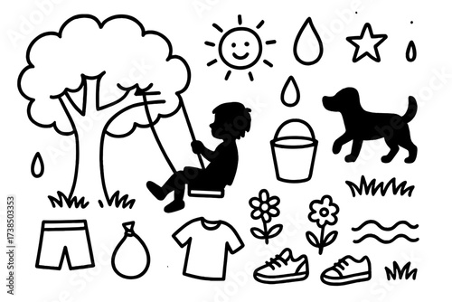 Backyard Fun Doodle. Hand-drawn doodle illustration Backyard fun child silhouette, swing, tree, water balloon, droplet, bucket, dog, star, grass, shorts,