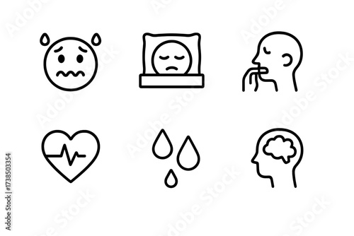 Stress Symptom Icons. Outline icon set of stress symptoms: anxious face, insomnia, rapid heartbeat, nail biting, teeth grinding, muscle pain, sweat drops,