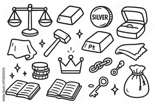 Precious Metal Symbols. Hand-drawn doodle illustration precious metal trading scales, gold bar, silver coin, platinum ingot, jewelry box, hammer, polishing