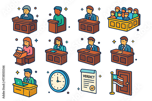 Courtroom Icons Set. Courtroom scenes. Colorful isometric vector icons set of courtroom scenes: judge's bench, witness stand, jury box, court reporter, defense