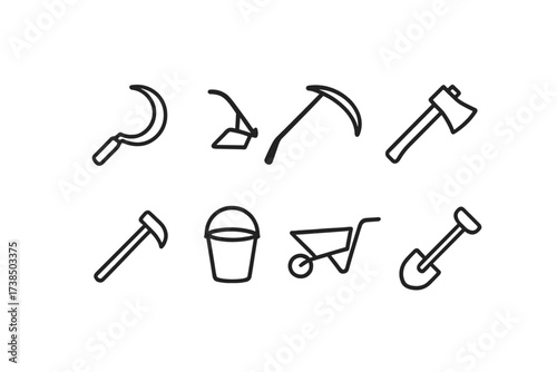 Rural Tool Icons. Outline icon set of rural tools: sickle, plow, scythe, axe, hoe, bucket, wheelbarrow, shovel. [Line icons in only black color, consistent