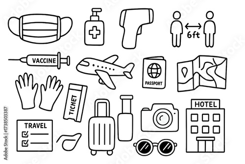Travel Safety Icons. Hand-drawn doodle illustration Travel safety measures face mask, hand sanitizer, thermometer, social distancing icons, vaccine syringe,