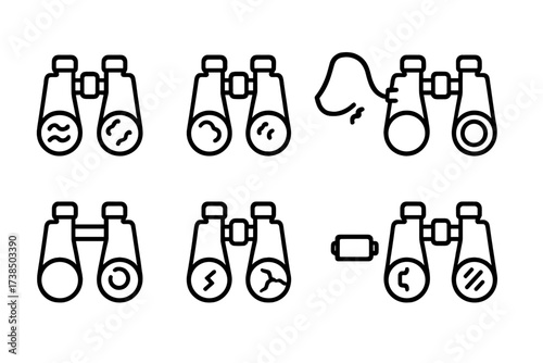 Binocular Issues Icons. Outline icon set of binocular issues: blurry image, fogged lens, broken strap, missing lens cap, loose focus wheel, cracked prism, low
