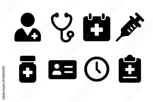 Medical Appointment Icons. Solid, filled icon set of medical appointments: doctor, stethoscope, calendar with cross, syringe, pill bottle, appointment card,