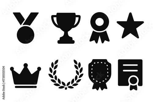 Honor Icons Grid. Solid, filled icon set of honor signs: medal, trophy, ribbon, star, crown, laurel wreath, badge, certificate. Solid, filled icons in only