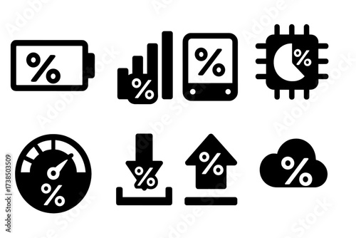 Technology Icon Set. Solid, filled icon set of percentage related technology icons: battery level, signal strength %, storage usage %, CPU load %, bandwidth %,