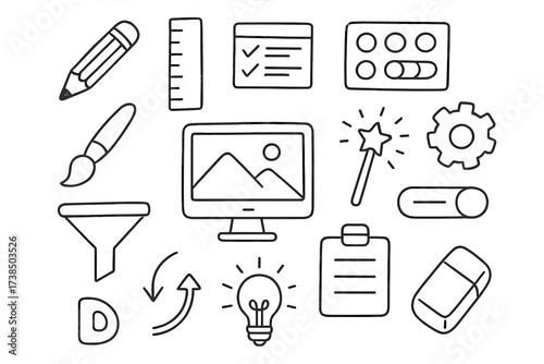 Creative Tool Icons. Hand-drawn doodle illustration design preset pencil, ruler, layers panel, color palette, sliders, computer screen, paintbrush, magic wand,