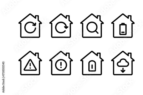 Smart Home Icon Set. Outline icon set of smart home maintenance: firmware update, device reset, diagnostics, error report, maintenance alert, battery status,