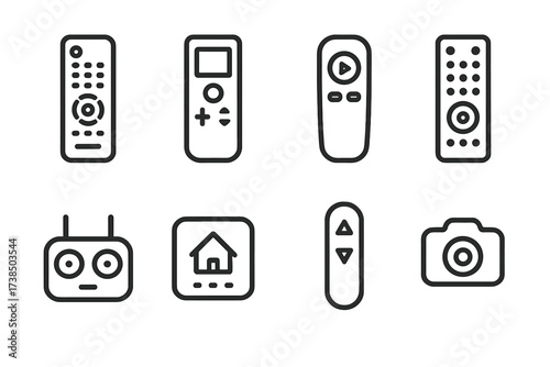 Icon Set of Remotes. Outline icon set of remote controllers: TV remote, air conditioner remote, media player remote, sound system remote, drone controller,