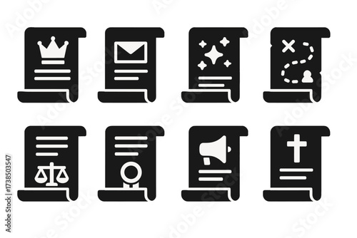 Parchment Icon Grid. Solid, filled icon set of parchment usage contexts: royal decree, ancient letter, magic spell, treasure map, legal document, historical