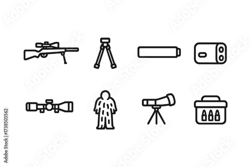 Sniper Gear Icons. Outline icon set of sniper equipment: sniper rifle, bipod, suppressor, rangefinder, ballistic scope, ghillie suit, spotting scope,