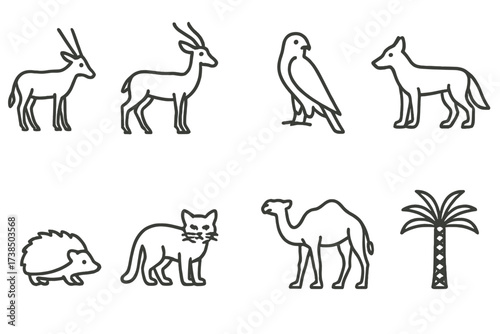 Saudi Wildlife Icons. Outline icon set of Saudi wildlife: Arabian oryx, Sand gazelle, Desert hedgehog, Falcon, Arabian wolf, Sand cat, Camel, Date palm tree.