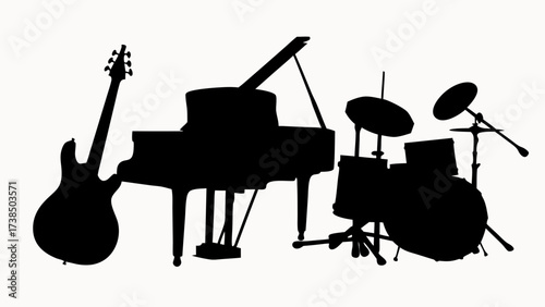 Silhouette of musical instruments including a guitar, piano, and drum set in a simple black design