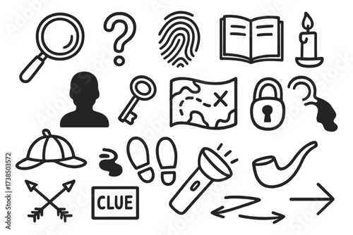 Mystery Clue Icons. Hand-drawn doodle illustration mystery clue magnifying glass, question mark, fingerprint, notebook, candle, shadow, key, map, lock,