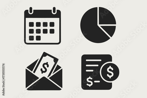 Budgeting Essentials Icons. Solid, filled icon set of budgeting essentials: monthly planner, expense pie, money envelope, budget limit icon, categorized