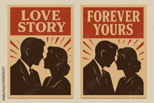 Vintage Love Banners. Couple. Two vertical A6 banners, retro style, red and beige, vintage couple silhouettes, first banner with text ?Love Story?, second