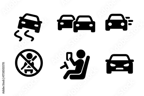 Reckless Driving Icons. Solid, filled icon set of reckless driving: drifting car, overtaking, speeding, no seatbelt, phone driving, drunk driving, reckless