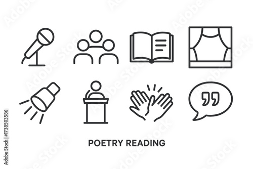 Poetry Reading Icons. Outline icon set of poetry reading: microphone, audience, open book, stage, spotlight, podium, applause hands, speech bubble with