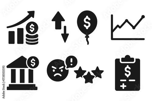Bailout Icons. Solid, filled icon set of bailout consequences: debt increase, tax raise, inflation risk, market distortion, bailout cost, public backlash,