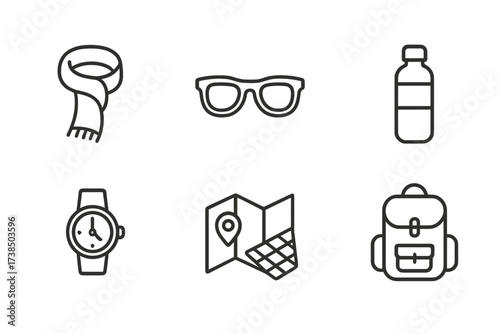 Romantic Walk Icons. Outline icon set of romantic walk accessories: scarf, sunglasses, camera, water bottle, wristwatch, map, picnic blanket, backpack. Line