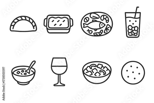 Chilean Cuisine Icons. Outline icon set of Chilean cuisine: empanada, pastel de choclo, seafood platter, mote con huesillo, pebre sauce, Chilean wine glass,