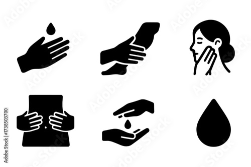 Lotion Application Icons. Solid, filled icon set of lotion application: hand applying lotion, arm rubbing, leg moisturizing, face dabbing, body massage, palm