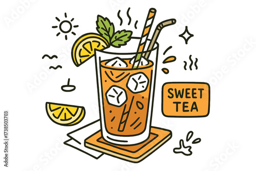 Refreshing Iced Tea. Glass of Iced Tea. Hand-drawn doodle illustration Glass of Iced Tea tall glass (accented), lemon wedge (accented), cold steam lines, glass
