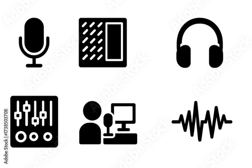 Music Recording Icons. Solid, filled icon set of music recording: microphone, soundproof room, audio interface, headphones, mixing desk, recording session,