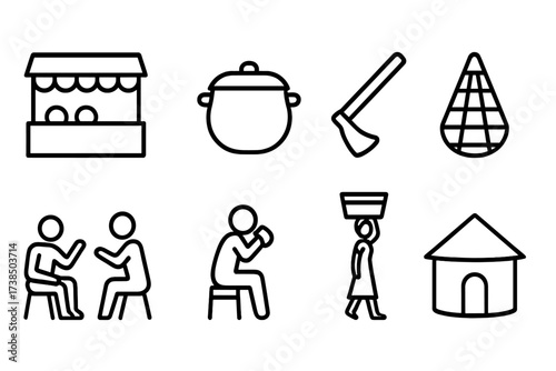 Ghana Daily Life Icons. Outline icon set of Ghanaian daily life: Market stall, Cooking pot, Farming hoe, Fishing net, Storytelling, Drinking palm wine,