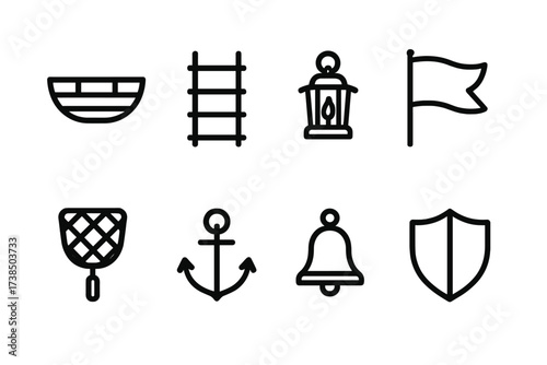 Moat Accessories Icons. Outline icon set of moat accessories: boat, rope ladder, lantern, flag, net, anchor, bell, shield. Line icons in only black color,