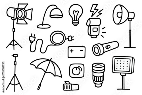 Lighting Equipment Icons. Hand-drawn doodle illustration lighting equipment spotlight, lamp, light bulb, flash, reflector, tripod, wire, switch, battery, LED