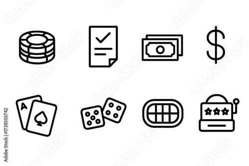 Casino Icon Collection. Outline icon set of stakes: poker chips, betting slip, money stack, dollar sign, playing cards, dice, casino table, jackpot. Line icons