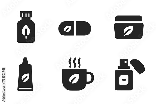 Herbal Extracts Icons. Solid, filled icon set of herbal extracts: essential oil bottle, herbal capsule, salve tin, cream jar, balm tube, infusion cup, herbal