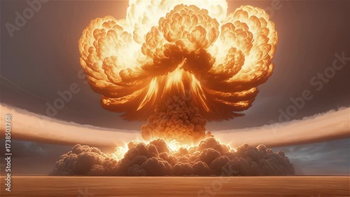 Massive atmospheric detonation revealing catastrophic environmental destruction with intense fireball spreading across barren terrain and generating immense cloud formation