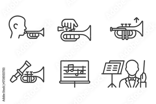 Trumpet Action Icons. Outline icon set of trumpet playing actions: blowing, finger pressing valves, holding trumpet, tuning, mute insertion, sheet music, music