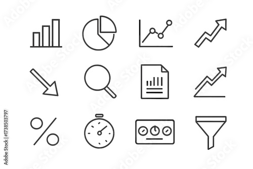 Analytics Icon Set. Analytics. Line icon set of analytics: bar chart, pie chart, line graph, upward arrow, downward arrow, magnifying glass, document report,