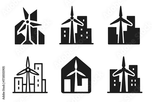 Urban Sustainability Logos. Urban sustainability strategies. Set Logo of urban sustainability strategies: wind turbine in city. harmonious logo variations of