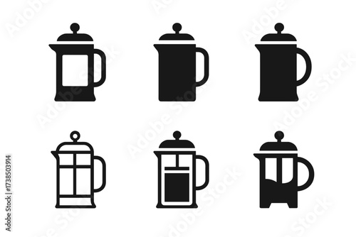 Coffee Logo Variations. Coffee. Set Logo of Coffee: French press. harmonious logo variations of the same emblematic concept, each with different artistic