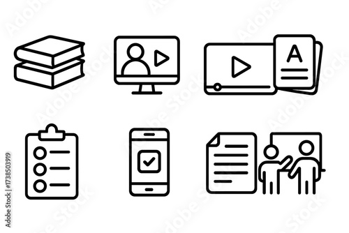 Study Resource Icons. Outline icon set of study resources: textbooks, online courses, videos, flashcards, quizzes, study apps, notes, tutors. Line icons in